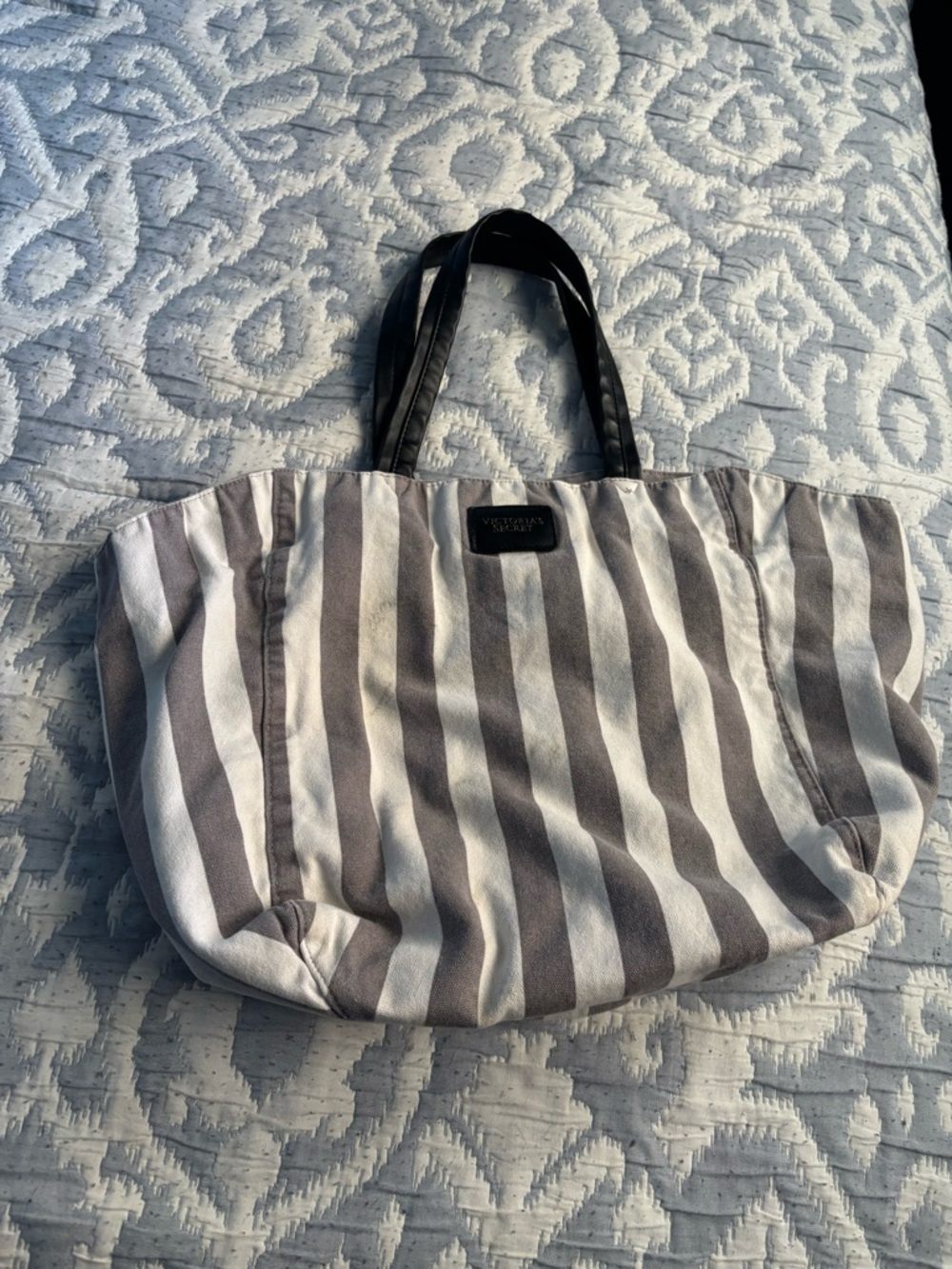 Victoria's Secret Gray and White Striped Tote with Black Handles
